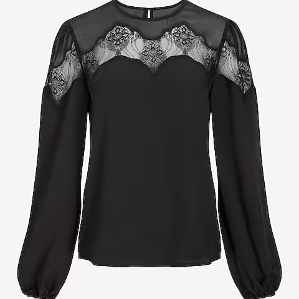 NWT Express Black Lace Sheer Balloon Sleeve Blouse/Top XS